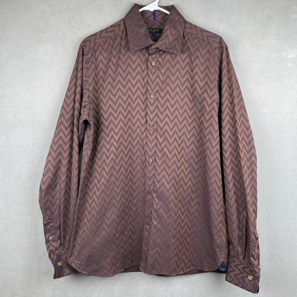 Ted Baker London Mens Brown Purple 70s Hip Chevron Zigzag Button Down Shirt 3 M